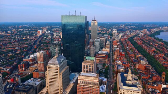 Panorama of Boston, Massachusetts, USA at sunset. The Back Bay neighborhood from drone footage.