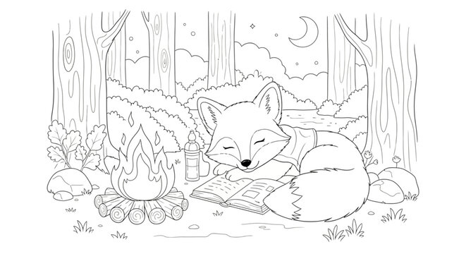 Cute fox sleeping and reading a book by a campfire in a forest at night, coloring page illustration