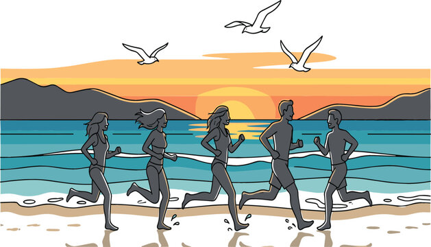 People running on beach landscape vector illustration featuring friends jogging sunset ocean waves mountains and flying seagulls design