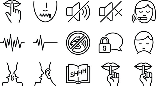 Silence and quiet zone line icon set featuring finger on lips zipped mouth mute speaker audio waves secret whisper vector