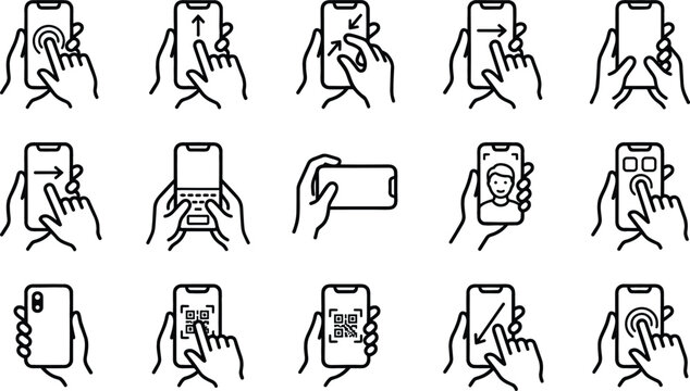 Smartphone touchscreen gesture line icon set featuring hand holding phone tap swipe pinch scroll scan qr code and portrait vector