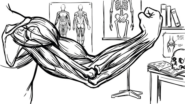 Detailed anatomical drawing of human arm muscles and skeleton in medical study setting