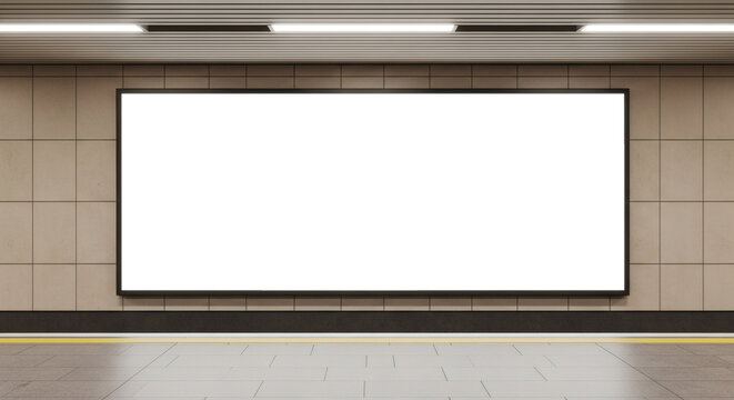 Blank horizontal advertising billboard mockup placed prominently on a clean tiled wall within a modern subway station environment on transparent background