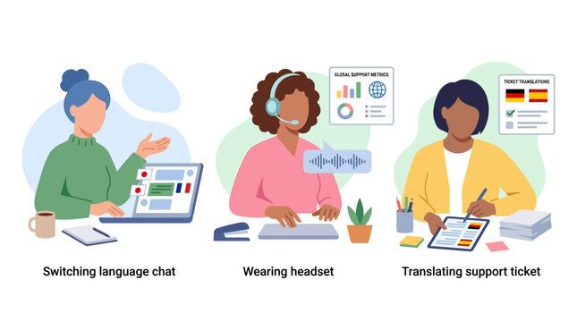 Customer service agents assisting with multilingual support and translation.