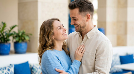Fototapeta premium Happy romantic couple looking at each other and smiling. Young man and woman embracing outdoors. Dating and relationship concept