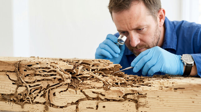 Pest control worker examining termite damaged wood with a magnifying glass. Professional exterminator inspecting timber infestation. Home property inspection service