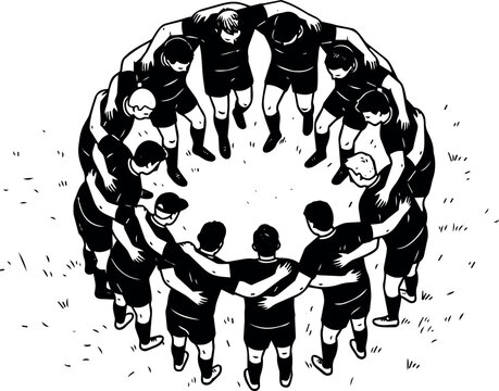 Sports team players huddled in a circle on field