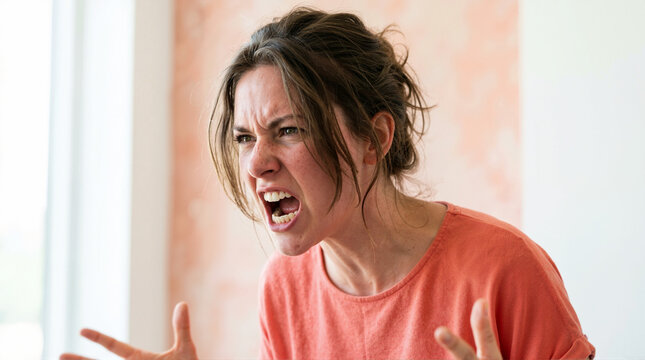 Furious young woman screaming with mouth wide open. Close-up portrait of an angry and frustrated female shouting in rage
