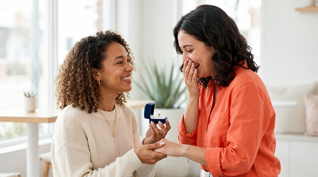 Lesbian couple getting engaged in a bright modern cafe. Happy woman proposing to her surprised girlfriend with a diamond ring
