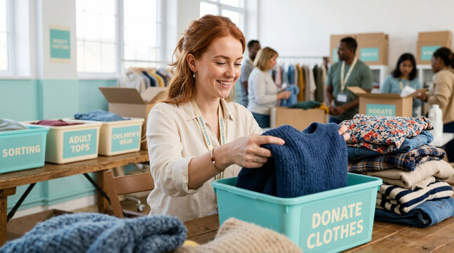 Smiling young woman sorting clothes for donation in a community center. Happy female volunteer organizing apparel in a charity facility with a diverse group of people