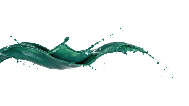 A smooth wave of teal liquid flowing horizontally, featuring curves and small droplets suspended in mid-air on a black background