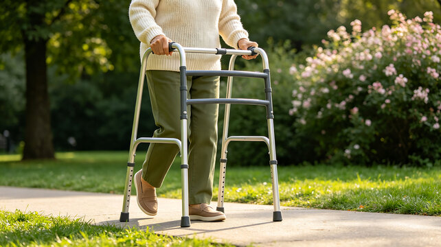 Senior person walking with a medical mobility walker frame on a park path.