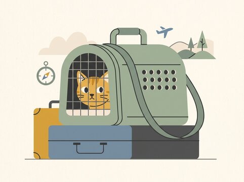 Orange cat inside a pet carrier on suitcases for travel concept vector illustration