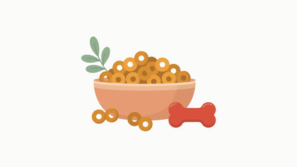 Bowl of dog food with bone and scattered kibble vector illustration on white background © mawagraph