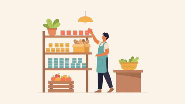 Man stocking shelves with food in a pantry flat vector illustration