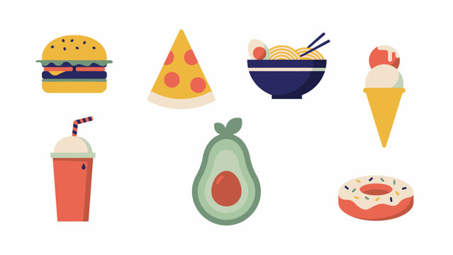 Variety of food items as flat icons burger pizza noodles avocado and more