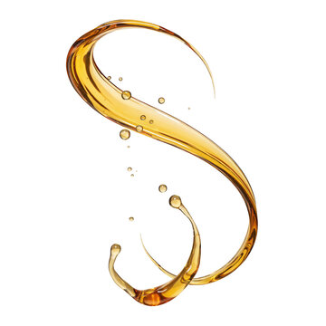 A swirling loop of golden liquid, resembling honey or oil, captured in a circular motion with floating droplets against a solid black background