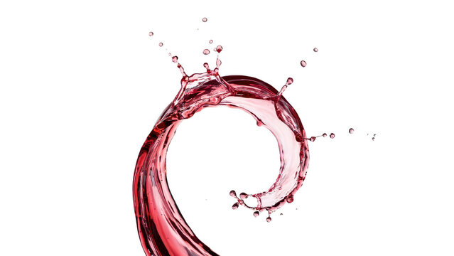 A swirling, circular splash of translucent red liquid forming a graceful, arc with scattered droplets against a deep black background