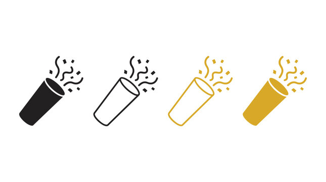 Confetti popper icons in black and gold colors with streamers and dots exploding outwards