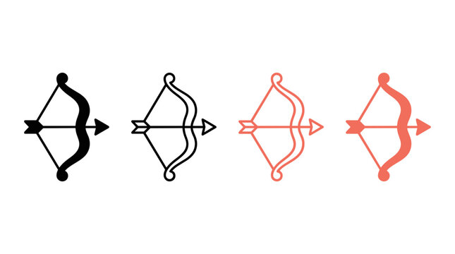 Collection of bow and arrow icons in different styles and colors, representing archery and aiming