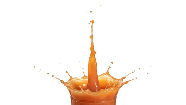 A tall, sharp splash of orange liquid rising from a central point against a solid black background, capturing fluid motion and droplets