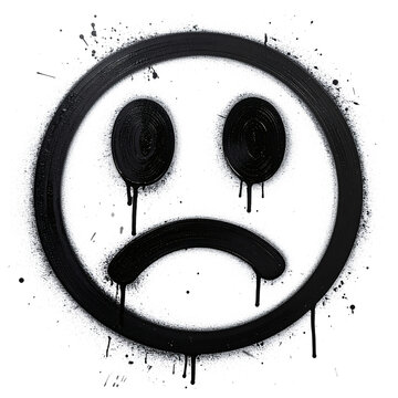 Dark and moody hand-painted black sad face emoji artwork with dripping paint textures representing emotions of sadness and despair, perfect for edgy graphic design projects&nbsp;