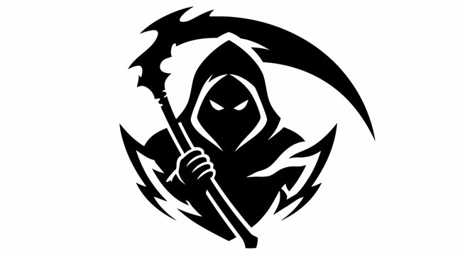 Grim reaper mascot logo with scythe.