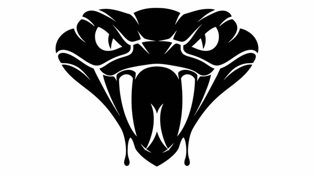 Aggressive black viper snake head with bared fangs.