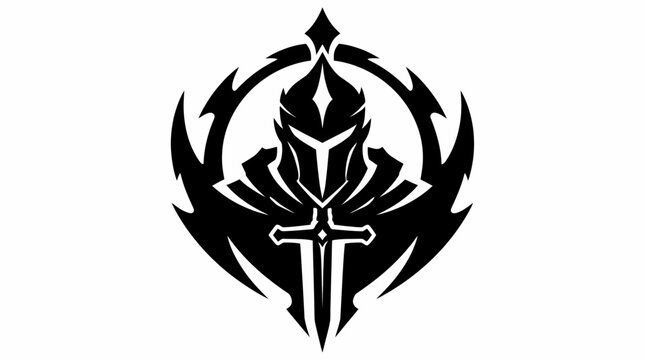 Knight warrior with sword and crest logo.