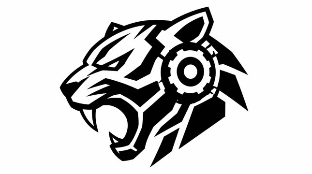 Mechanical tiger head emblem with gear tech accents.