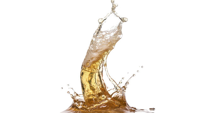 A tall, vertical splash of golden amber liquid rising upwards with droplets and bubbles, isolated on a solid black background, studio shot