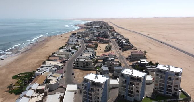 Aerial view of Langstrand, a beach resort town between Swakopmund and Walvis Bay in the Namib Desert, Namibia.