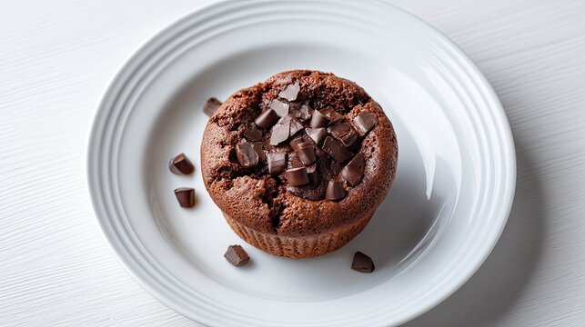 Delicious Chocolate Muffin with Chunks on White Plate.