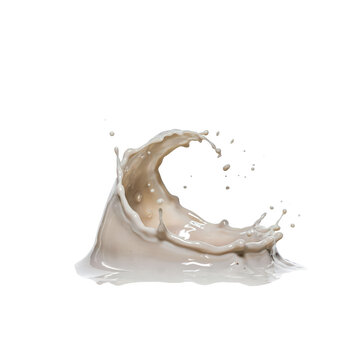 A thick, creamy beige liquid splash forming a wave-like structure with small droplets suspended in the air against a solid black background