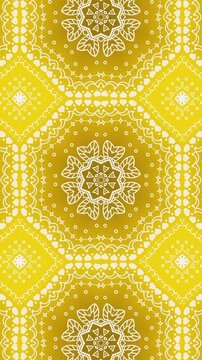 Vertical Yellow Bandana Pattern Background with White Mandala Ornaments and Geometric Shapes