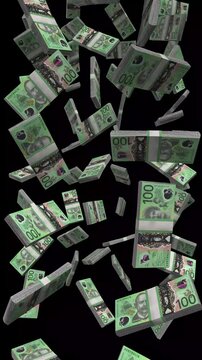 Vertical Australia Money, Falling Australian Dollar Bills Black Background, Premium Sydney Finance Cash Stacks, 4K