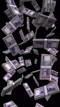 Vertical Bangladesh Money, Falling Bangladeshi Taka Bills Black Background, Premium South Asia Finance Cash Stacks, 4K