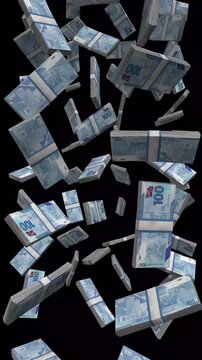 Vertical Trinidad and Tobago Money, Falling Trinidadian Dollar Bills Black Background, Premium Caribbean Finance Cash Stacks, 4K