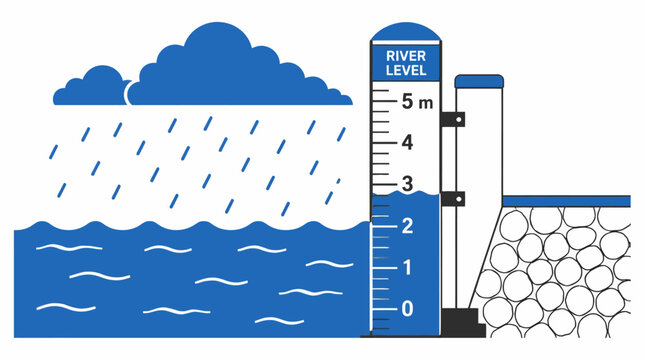 River water level gauge near dam in rain.