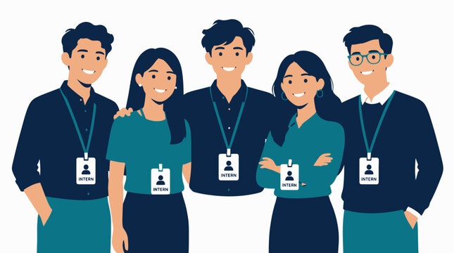 Group of five diverse young professional interns.