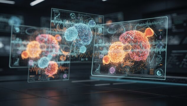 Medium shot focused on digital twin interface showing organic units in upset conditions highlighting alerts and fluctuating data patterns on the 3D model screens.