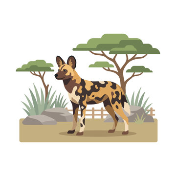 African wild dog vector illustration, painted hunting dog in savanna landscape, lycaon pictus wildlife safari art