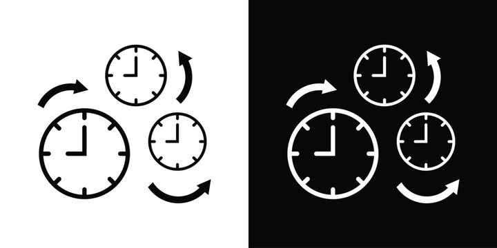 Time management and efficiency cycle icon vector set in black and white backgrounds showing clock rotation.