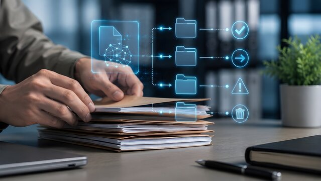 AI Document Triage And Digital File Routing With Holographic Folder Icons