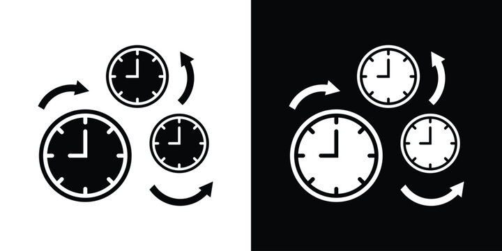 Time management and efficiency cycle icon vector set in black and white backgrounds showing clock rotation.