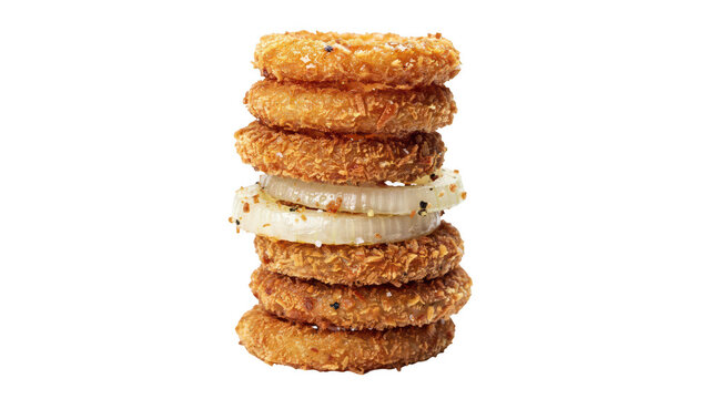 A vertical tower of crispy golden brown breaded onion rings with a single raw white onion slice placed in the middle on a black background