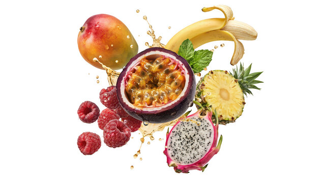 A vibrant collection of tropical fruits including mango, banana, passion fruit, pineapple, dragon fruit, and raspberries with water splashes
