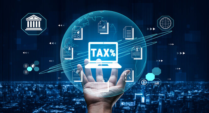 Digital Tax Management Concept with Laptop, Documents, and Global Finance Networks in Futuristic Cityscape Background Fluxor.