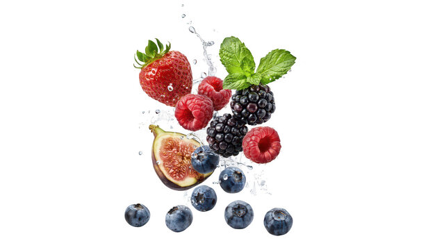 A vibrant mix of fresh strawberries, raspberries, blackberries, blueberries, and a sliced fig with water splashes floating on a black background