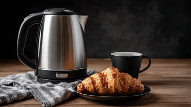 Electric kettle with croissant and coffee on table.